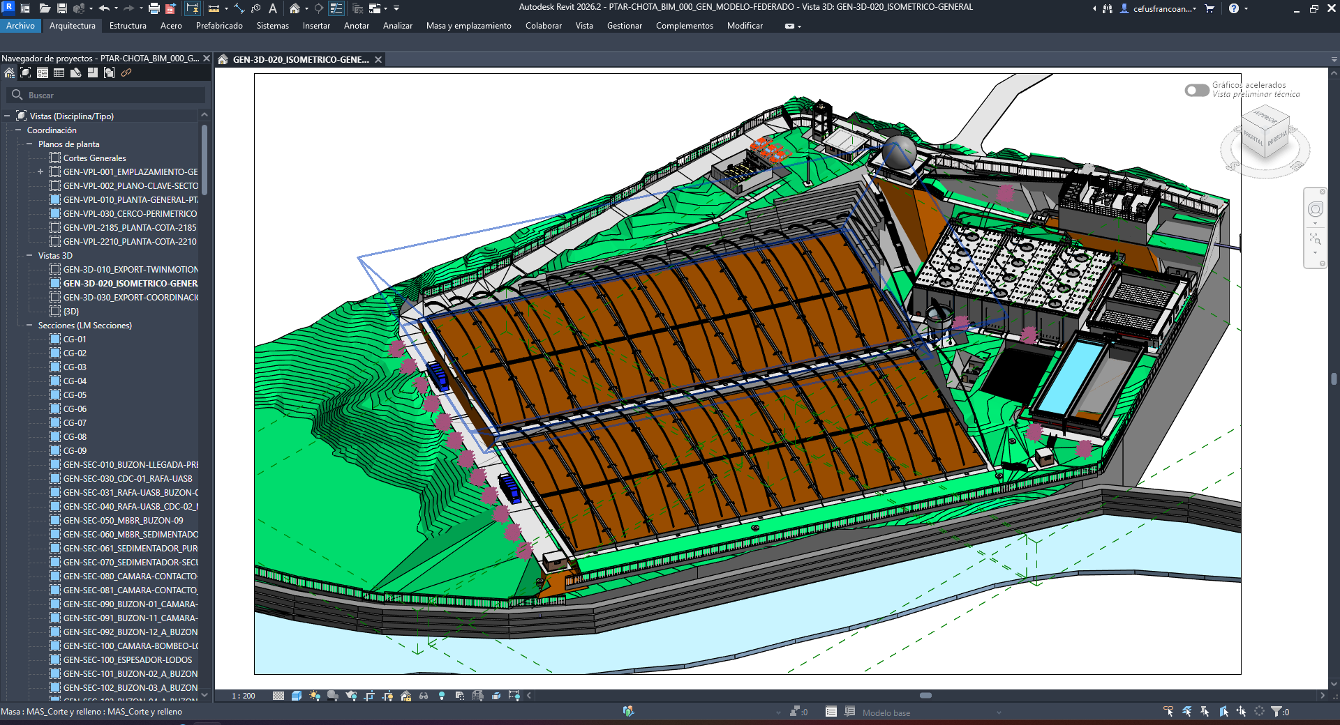Vista 3D general de la PTAR en Revit