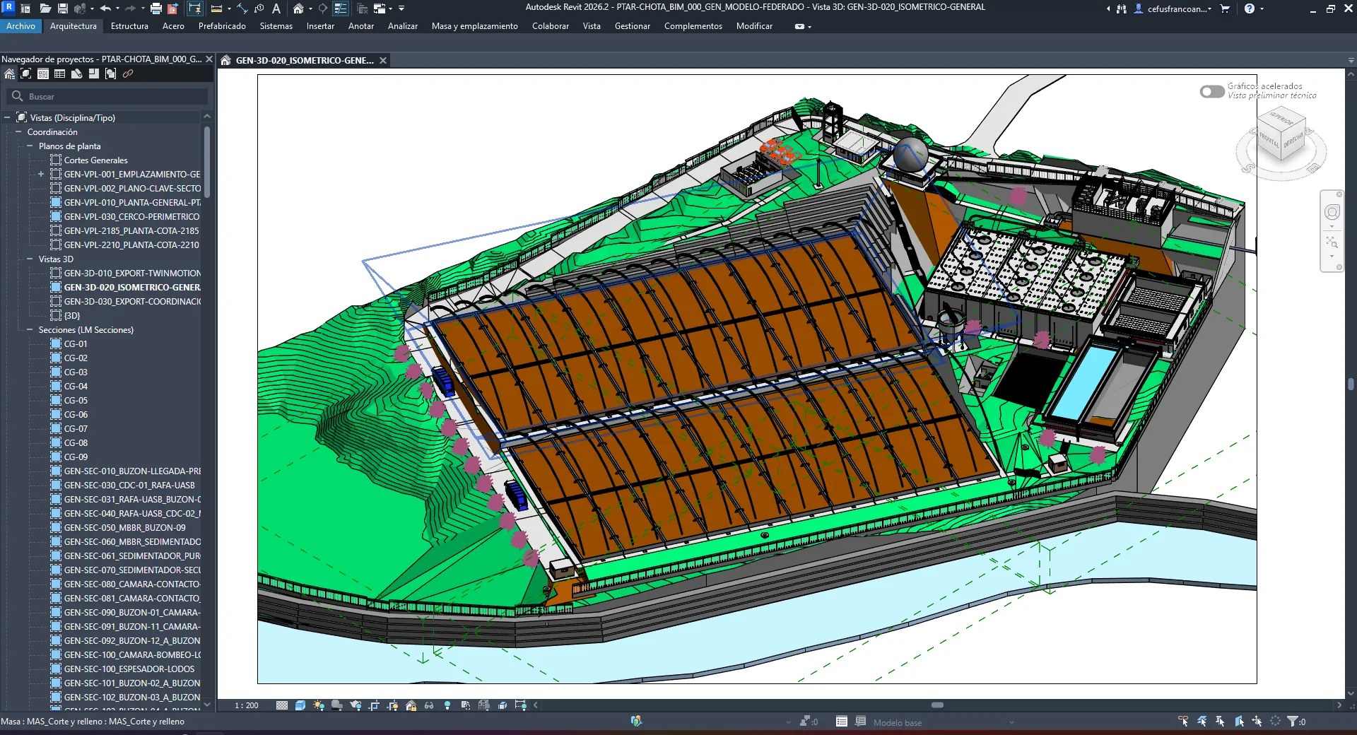 Vista 3D general de la PTAR en Revit